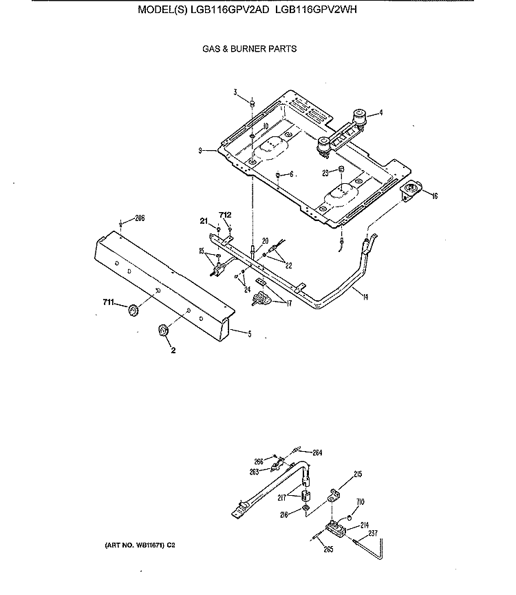 GAS & BURNER PARTS Diagram and Parts List for LGB116GPV2WH  General Electric Range