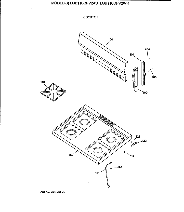COOKTOP Diagram and Parts List for LGB116GPV2WH  General Electric Range