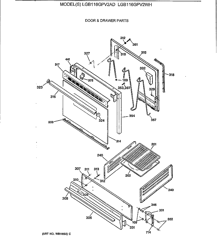 DOOR & DRAWER PARTS Diagram and Parts List for LGB116GPV2WH  General Electric Range