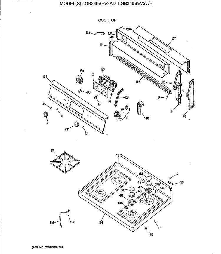 COOKTOP Diagram and Parts List for LGB346SEV2WH  General Electric Range