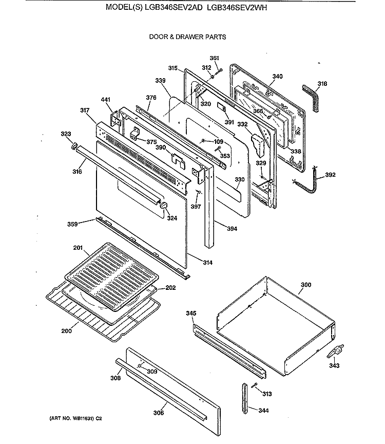 DOOR & DRAWER PARTS Diagram and Parts List for LGB346SEV2WH  General Electric Range