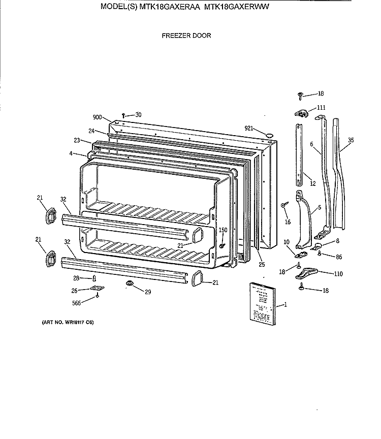 FREEZER DOOR Diagram and Parts List for MTK18GAXERAA  General Electric Refrigerator