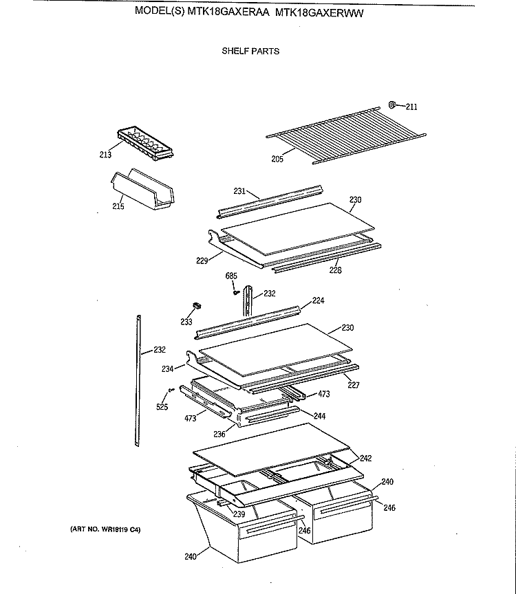 SHELF PARTS Diagram and Parts List for MTK18GAXERAA  General Electric Refrigerator