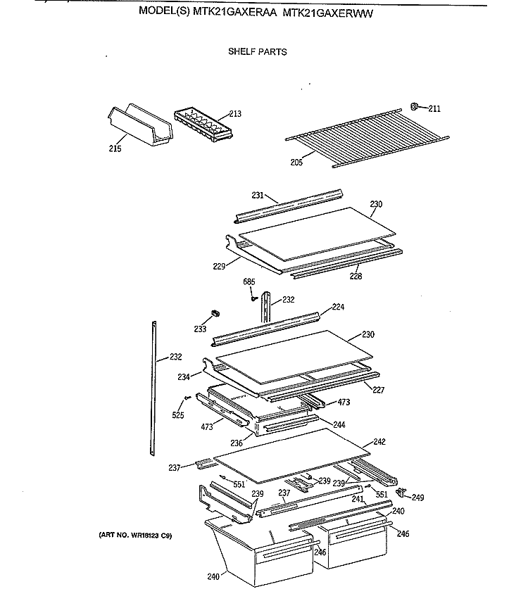 SHELF PARTS Diagram and Parts List for MTK21GAXERAA  General Electric Refrigerator