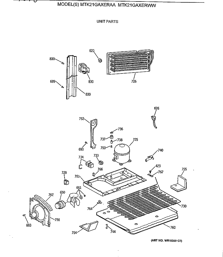UNIT PARTS Diagram and Parts List for MTK21GAXERAA  General Electric Refrigerator