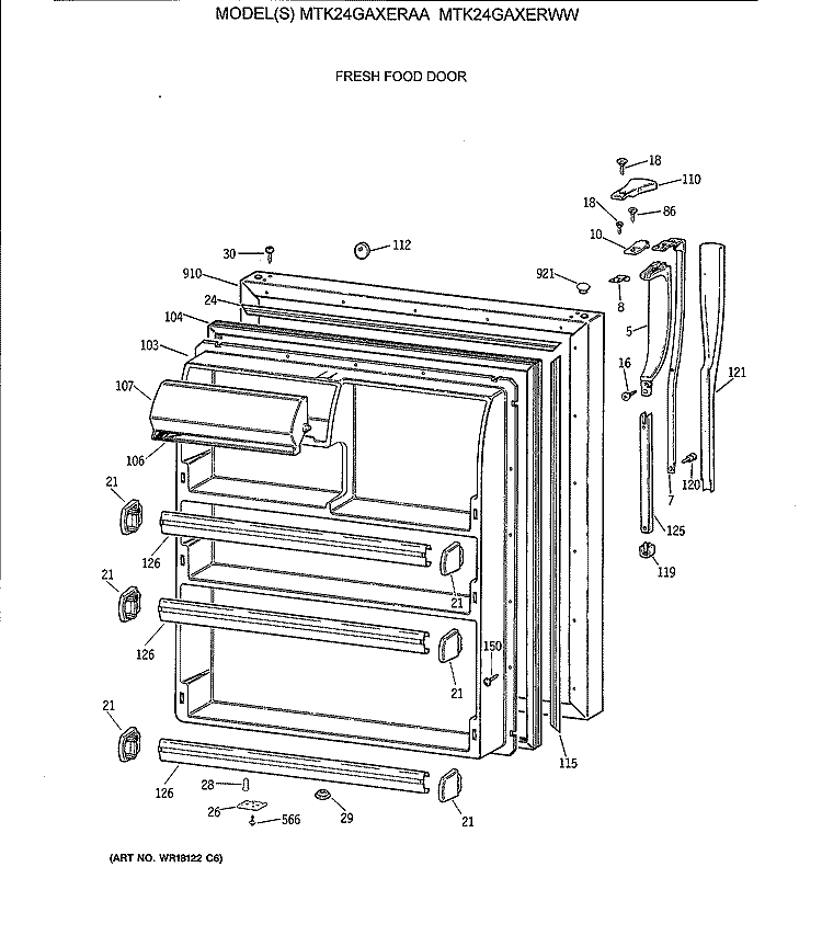 FRESH FOOD DOOR Diagram and Parts List for MTK24GAXERWW  General Electric Refrigerator