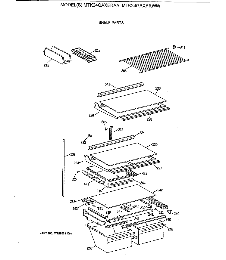 SHELF PARTS Diagram and Parts List for MTK24GAXERWW  General Electric Refrigerator