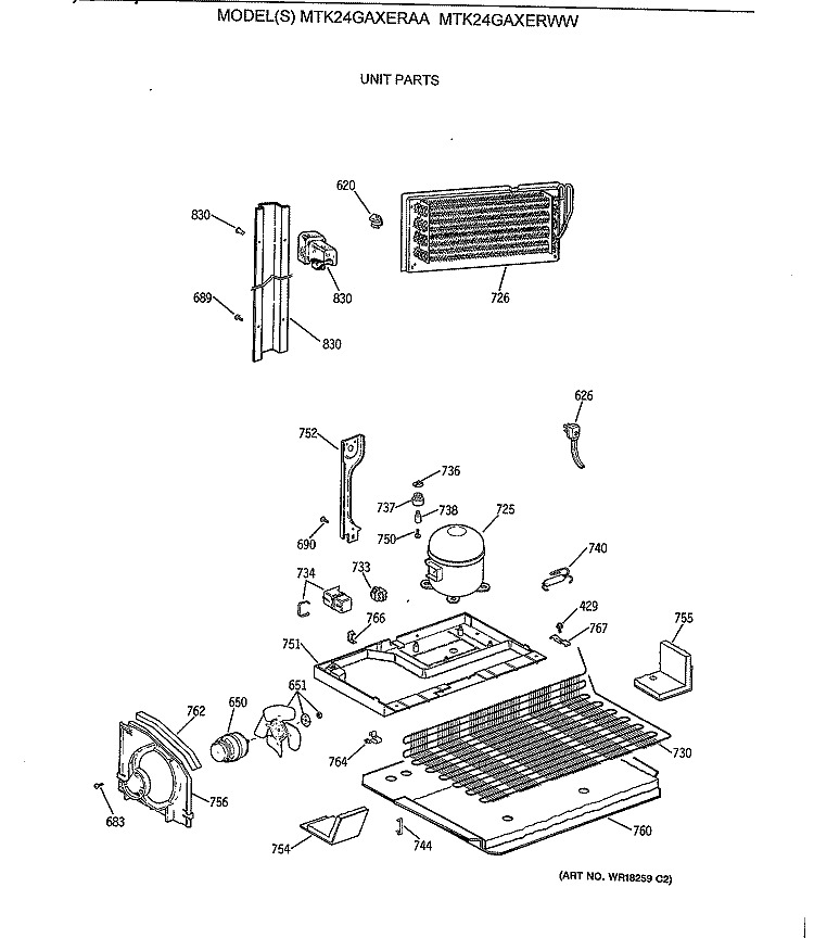UNIT PARTS Diagram and Parts List for MTK24GAXERWW  General Electric Refrigerator