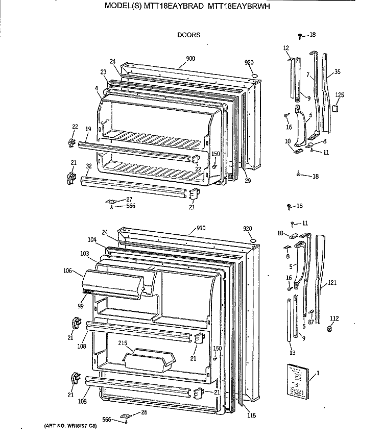 DOORS Diagram and Parts List for MTT18EAYBRAD  General Electric Refrigerator