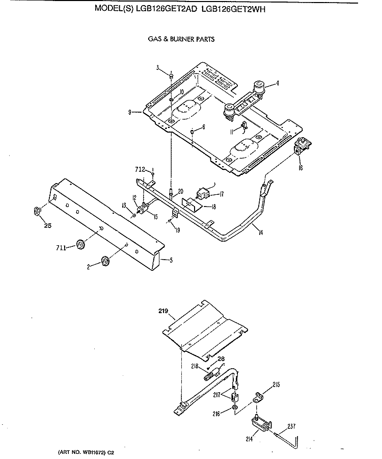 GAS & BURNER PARTS Diagram and Parts List for LGB126GET2WH  General Electric Range
