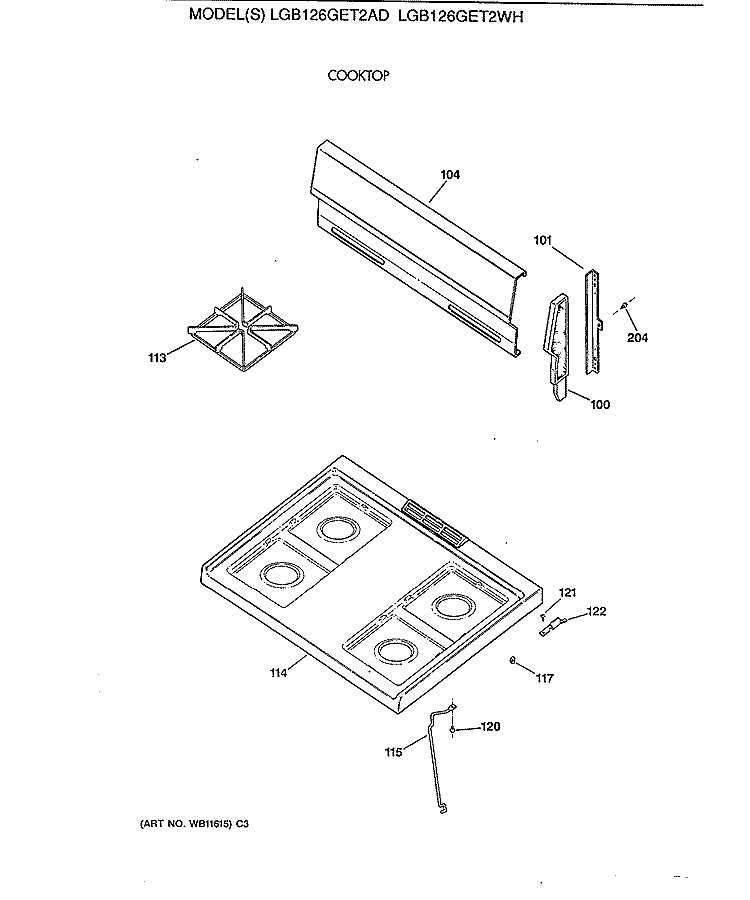 COOKTOP Diagram and Parts List for LGB126GET2WH  General Electric Range