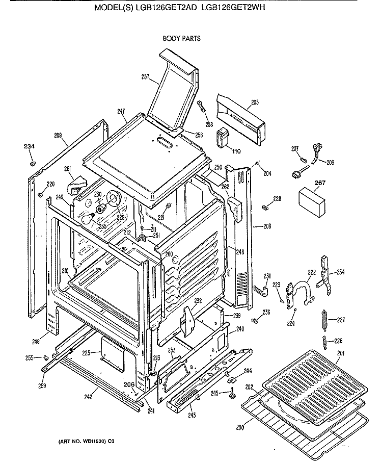 BODY PARTS Diagram and Parts List for LGB126GET2WH  General Electric Range