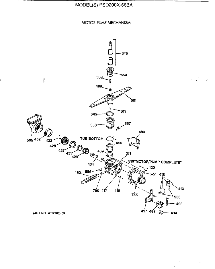 MOTOR - PUMP MECHANISM Diagram and Parts List for PSD200X-68BA  General Electric Dishwasher