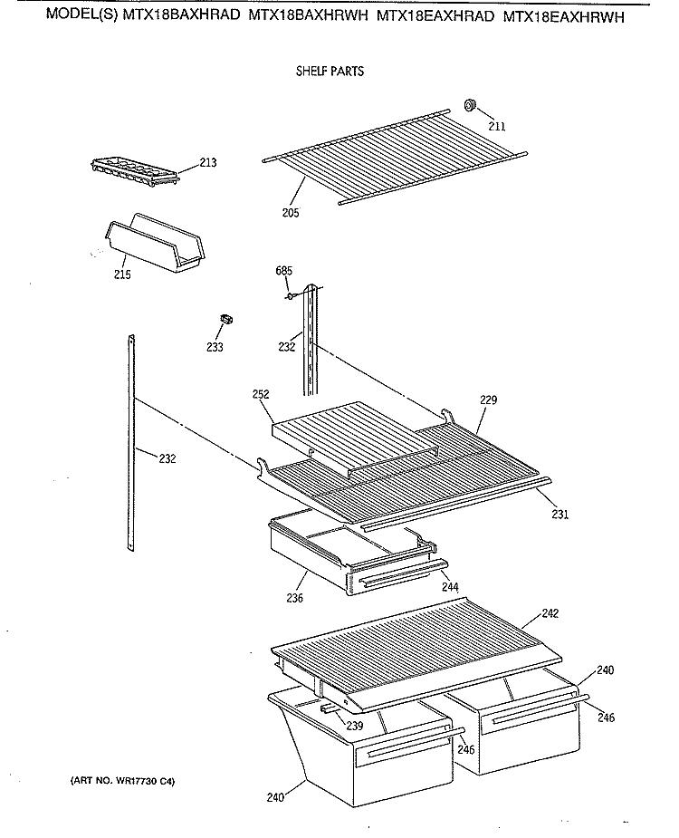 SHELF PARTS Diagram and Parts List for MTX18BAXHRWH  General Electric Refrigerator