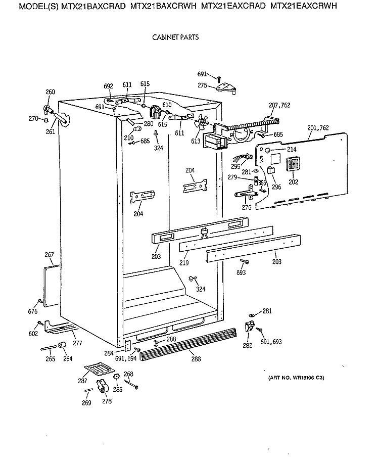 CABINET PARTS Diagram and Parts List for MTX21BAXCRWH  General Electric Refrigerator