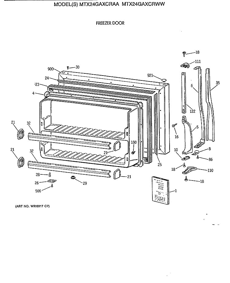 FREEZER DOOR Diagram and Parts List for MTX24GAXCRWW  General Electric Refrigerator