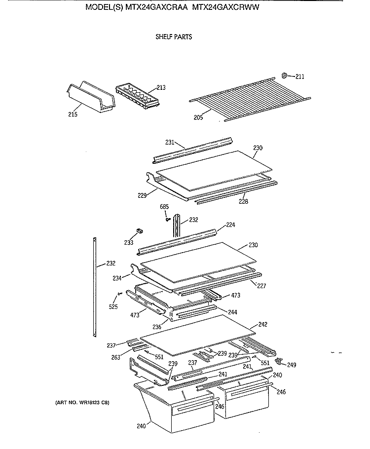 SHELF PARTS Diagram and Parts List for MTX24GAXCRWW  General Electric Refrigerator