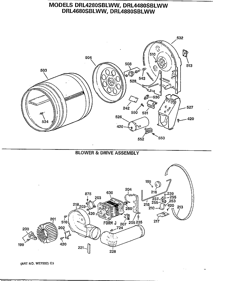 BLOWER & DRIVE ASSEMBLY Diagram and Parts List for DRL4680SBLWW  General Electric Dryer