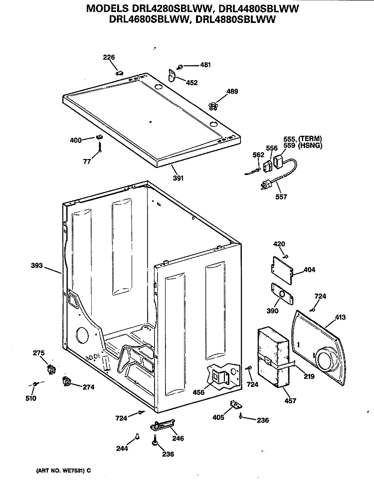 Section Diagram and Parts List for DRL4680SBLWW  General Electric Dryer