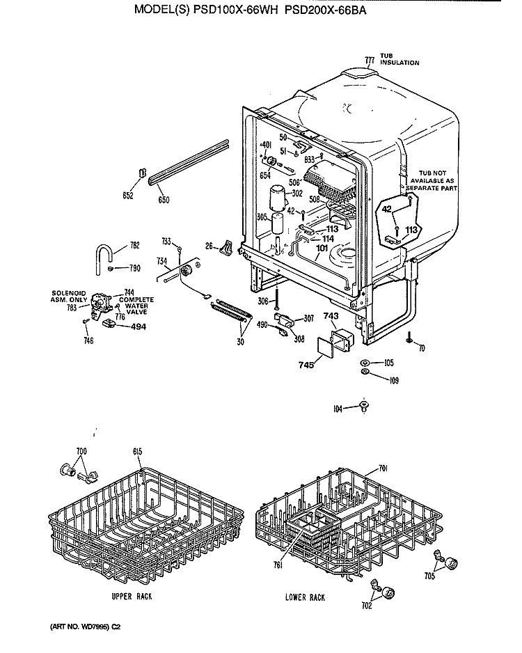 Section Diagram and Parts List for PSD200X-66BA  General Electric Dishwasher