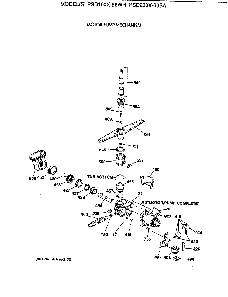 MOTOR - PUMP MECHANISM Diagram and Parts List for PSD200X-66BA  General Electric Dishwasher