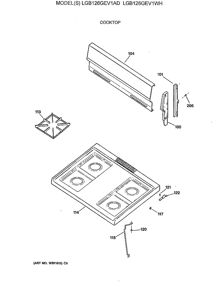 COOKTOP Diagram and Parts List for LGB126GEV1AD  General Electric Range