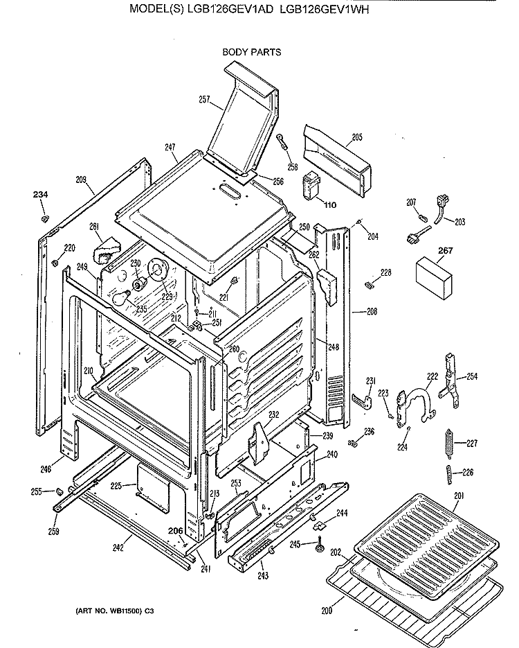 BODY PARTS Diagram and Parts List for LGB126GEV1AD  General Electric Range