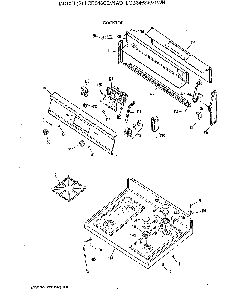 COOKTOP Diagram and Parts List for LGB346SEV1WH  General Electric Range