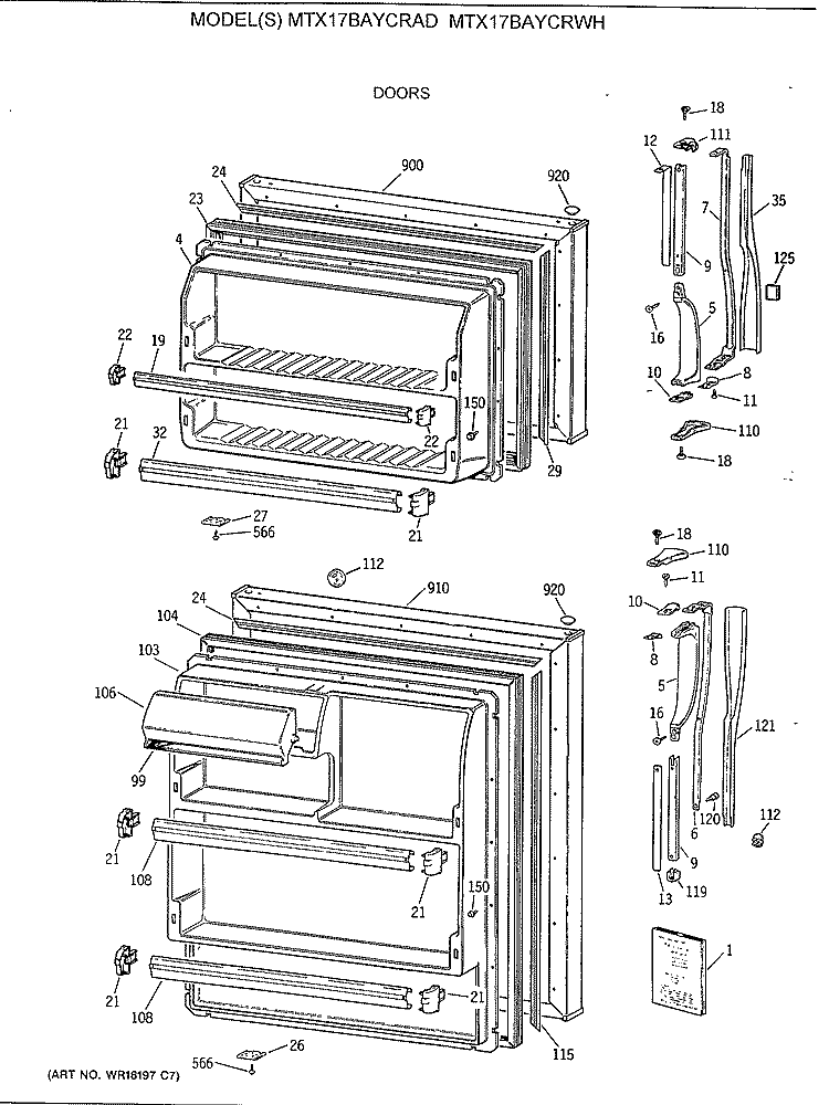 DOORS Diagram and Parts List for MTX17BAYCRAD  General Electric Refrigerator