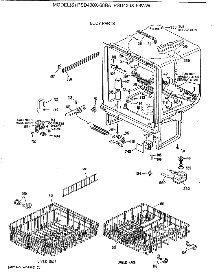 BODY PARTS Diagram and Parts List for PSD430X-68WW  General Electric Dishwasher