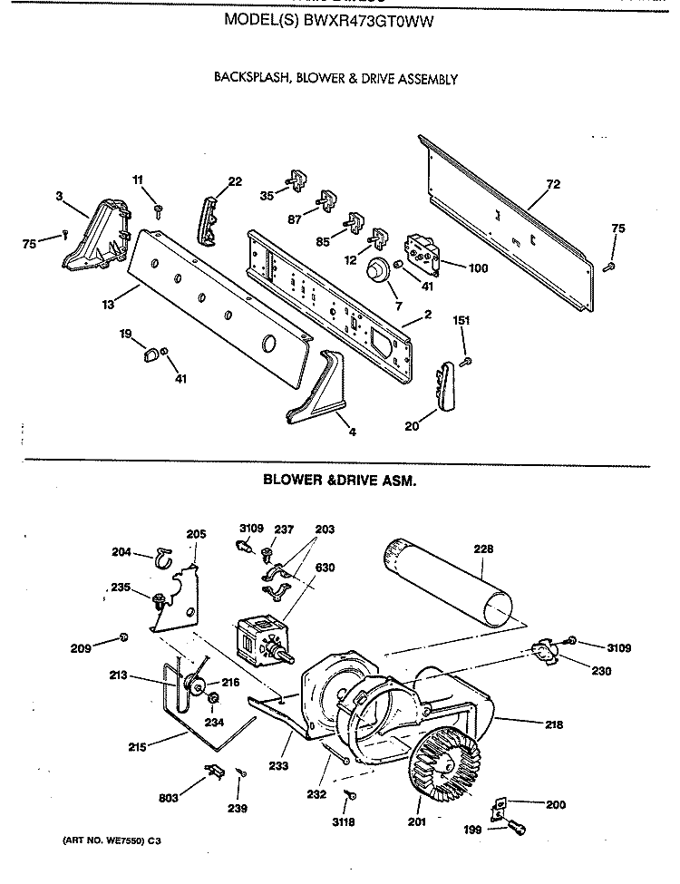 BACKSPLASH, BLOWER & DRIVE ASSEMBLY Diagram and Parts List for BWXR473GT0WW  General Electric Dryer
