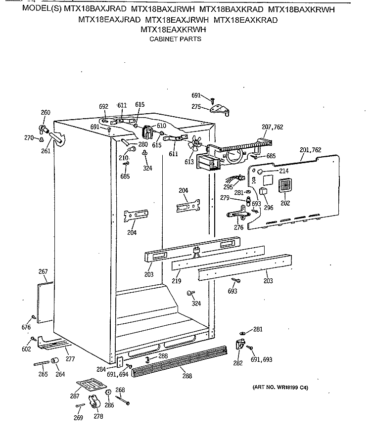 CABINET PARTS Diagram and Parts List for MTX18BAXJRAD  General Electric Refrigerator