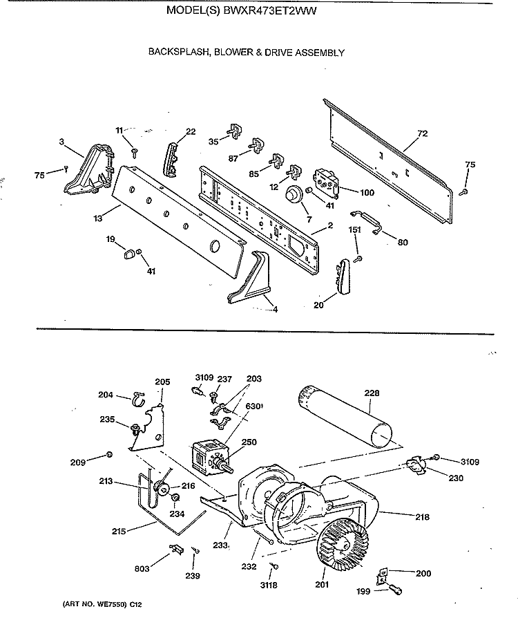 BACKSPLASH, BLOWER & DRIVE ASSEMBLY Diagram and Parts List for BWXR473ET2WW  General Electric Dryer