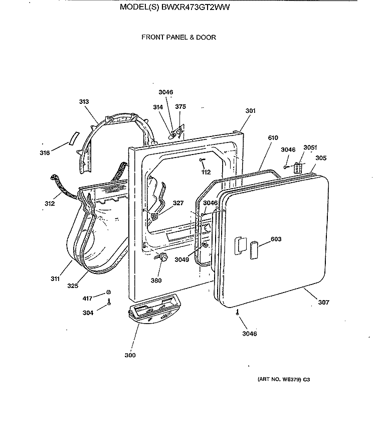 FRONT PANEL & DOOR Diagram and Parts List for BWXR473GT2WW  General Electric Dryer