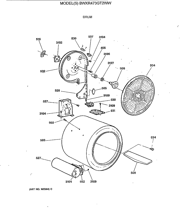 DRUM Diagram and Parts List for BWXR473GT2WW  General Electric Dryer