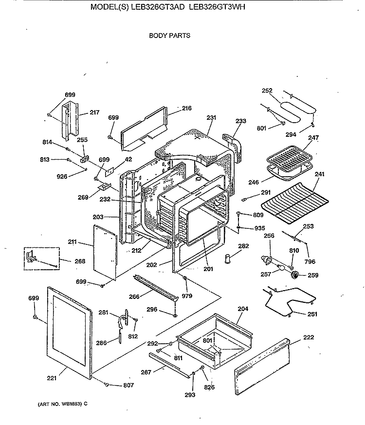 BODY PARTS Diagram and Parts List for LEB326GT3WH  General Electric Range