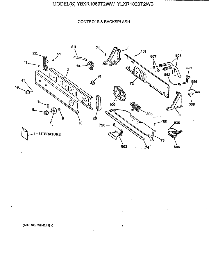 CONTROLS & BACKSPLASH Diagram and Parts List for YBXR1060T2WW  General Electric Washer