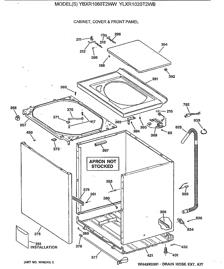 CABINET, COVER & FRONT PANEL Diagram and Parts List for YBXR1060T2WW  General Electric Washer