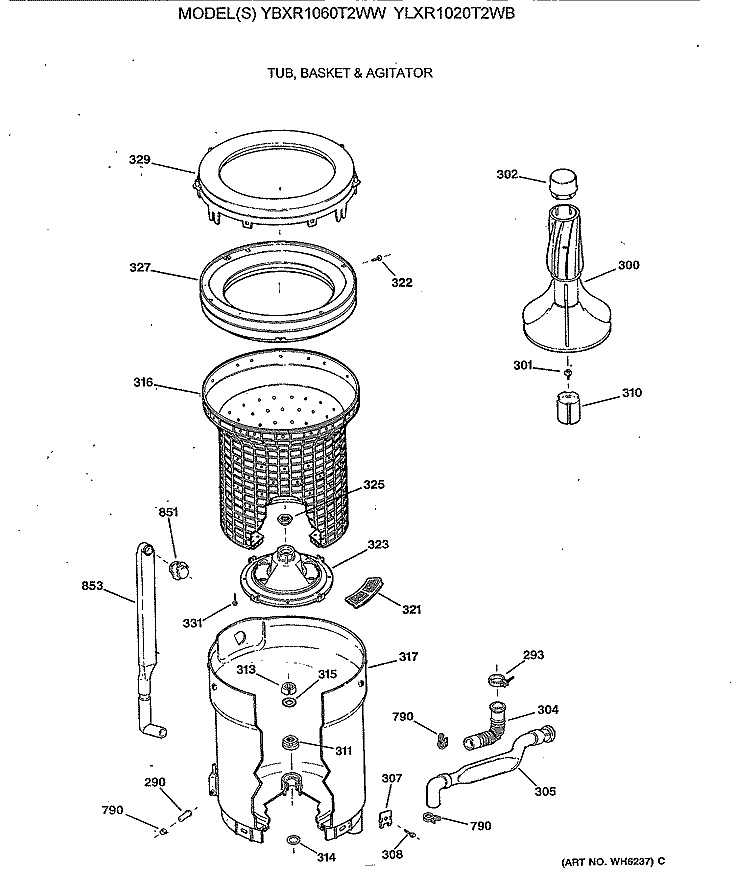 TUB, BASKET & AGITATOR Diagram and Parts List for YBXR1060T2WW  General Electric Washer