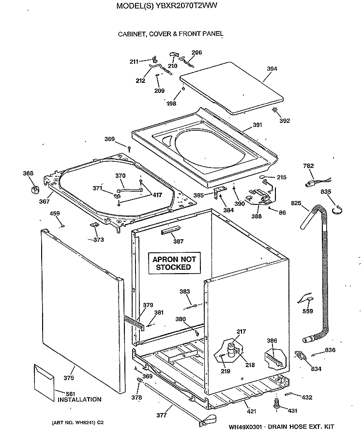 CABINET, COVER & FRONT PANEL Diagram and Parts List for YBXR2070T2WW  General Electric Washer