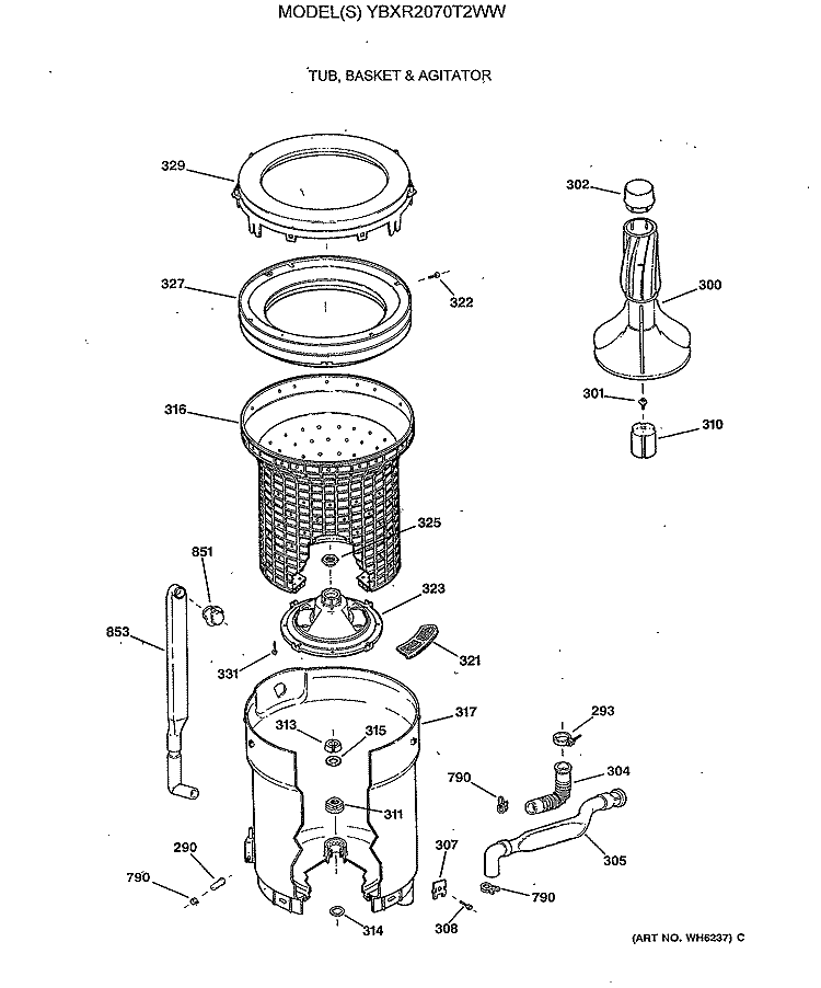 TUB, BASKET & AGITATOR Diagram and Parts List for YBXR2070T2WW  General Electric Washer