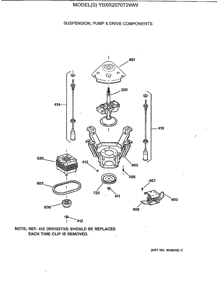 SUSPENSION, PUMP & DRIVE COMPONENTS Diagram and Parts List for YBXR2070T2WW  General Electric Washer