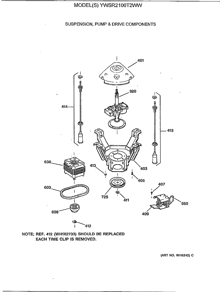 SUSPENSION, PUMP & DRIVE COMPONENTS Diagram and Parts List for YWSR2100T2WW  General Electric Washer