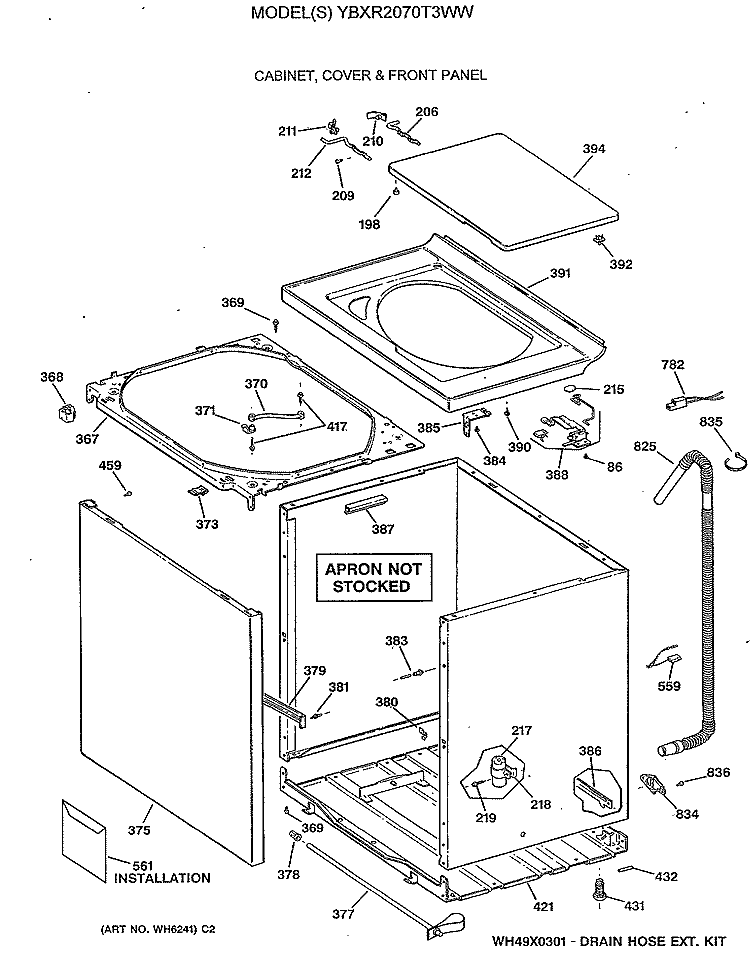 CABINET, COVER & FRONT PANEL Diagram and Parts List for YBXR2070T3WW  General Electric Washer