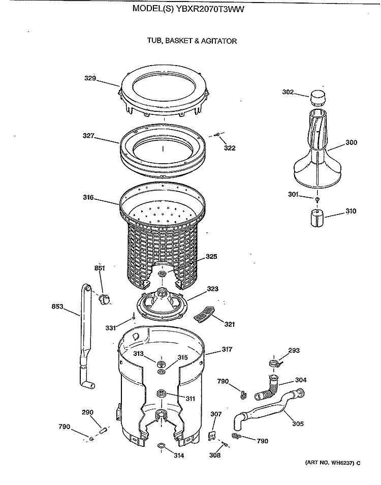 TUB, BASKET & AGITATOR Diagram and Parts List for YBXR2070T3WW  General Electric Washer
