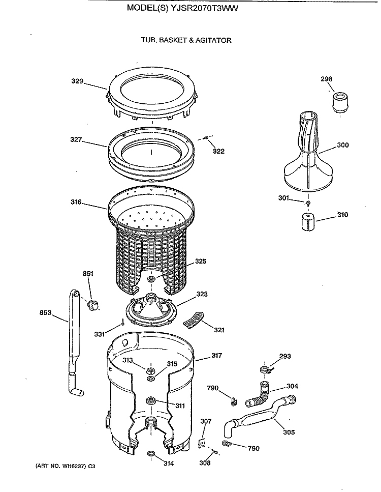 TUB, BASKET & AGITATOR Diagram and Parts List for YJSR2070T3WW  General Electric Washer