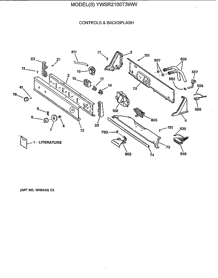 CONTROLS & BACKSPLASH Diagram and Parts List for YWSR2100T3WW  General Electric Washer