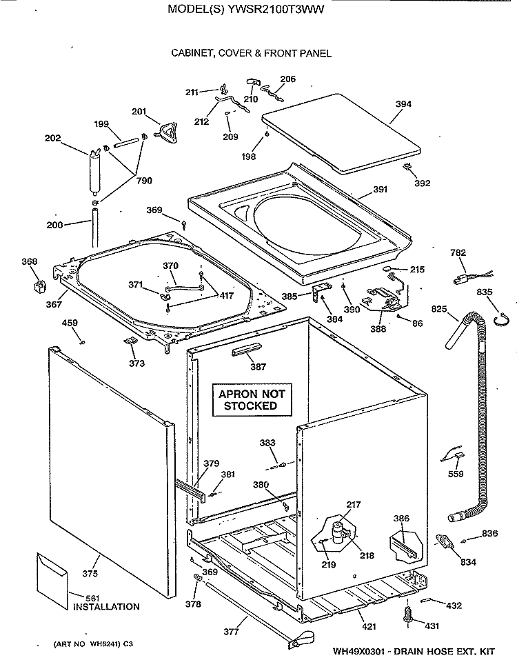 CABINET, COVER & FRONT PANEL Diagram and Parts List for YWSR2100T3WW  General Electric Washer