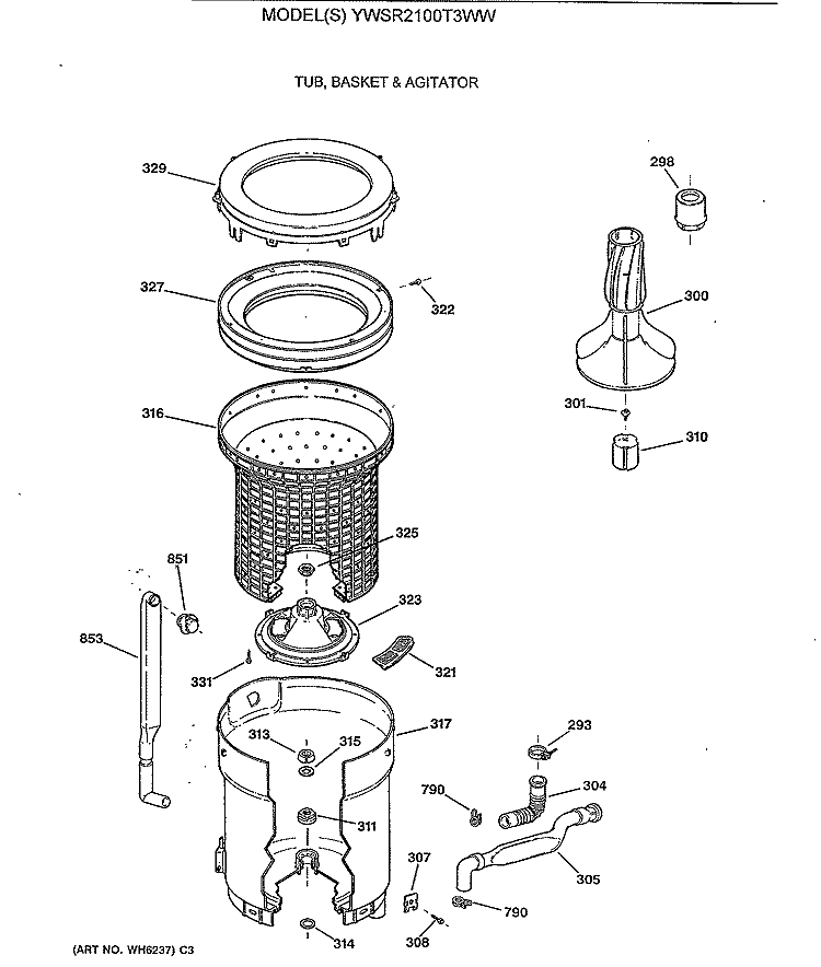 TUB, BASKET & AGITATOR Diagram and Parts List for YWSR2100T3WW  General Electric Washer