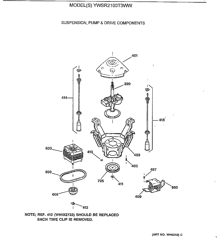 SUSPENSION, PUMP & DRIVE COMPONENTS Diagram and Parts List for YWSR2100T3WW  General Electric Washer